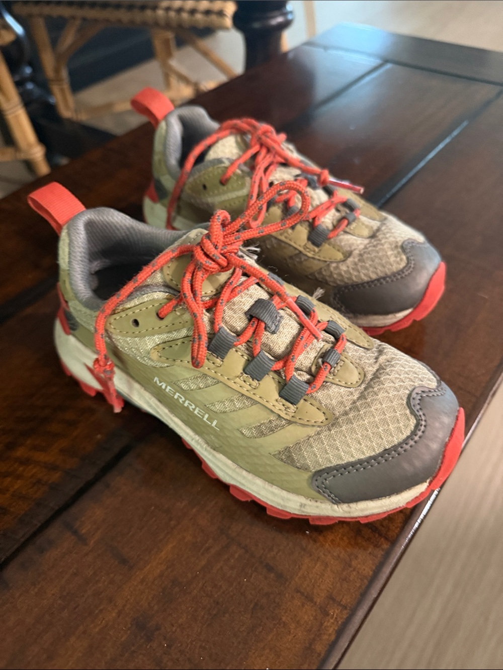 Merrell Kids Olive Green and Red Trail Sneakers